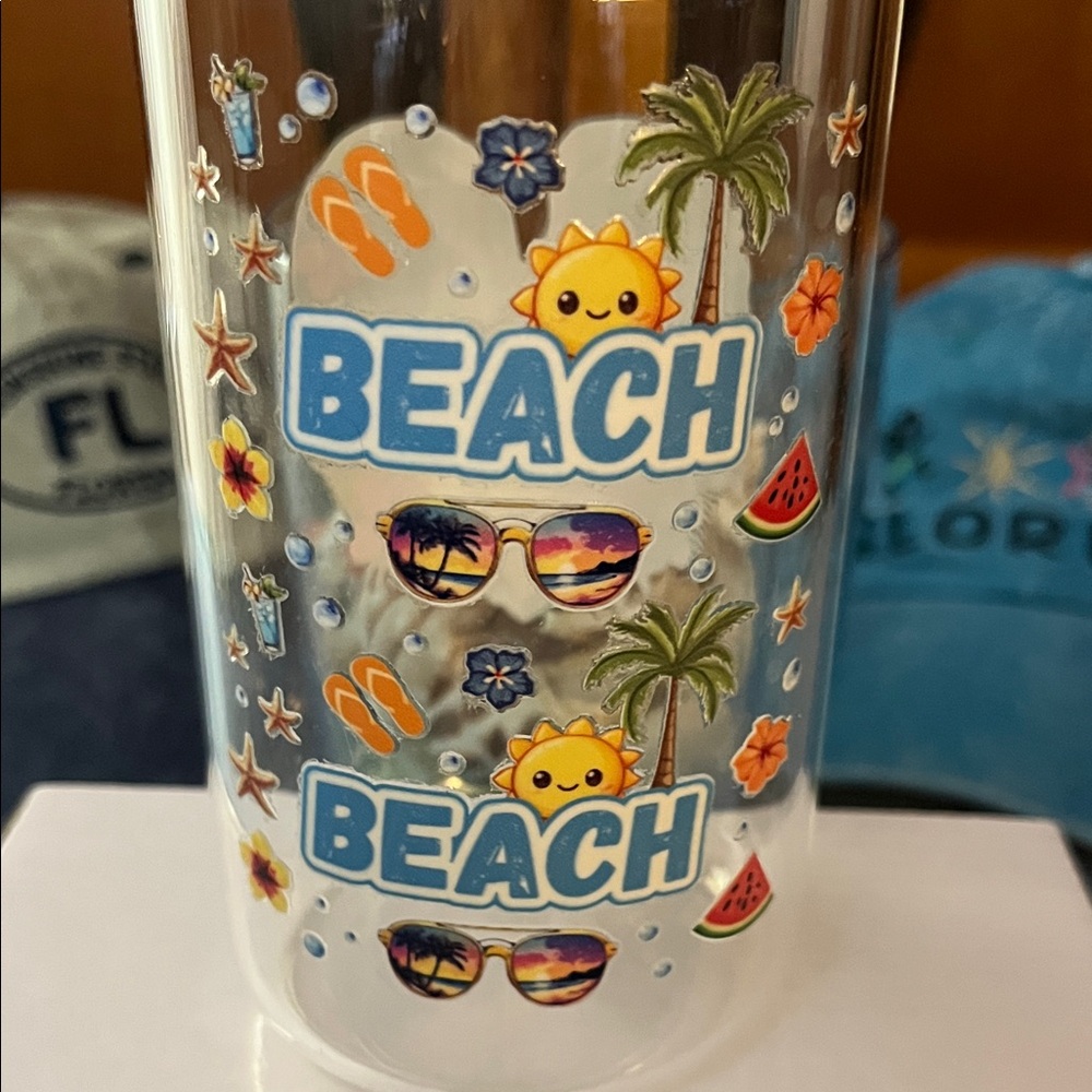 Beach-Themed Glass Tumbler w/ Bamboo Lid-Metal Straw-Cleaning Brush - Picture 2 of 5